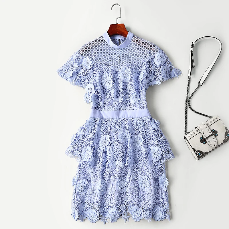 New women s high end European and American show pink flower lace hollow lotus leaf trim dress | Женская одежда