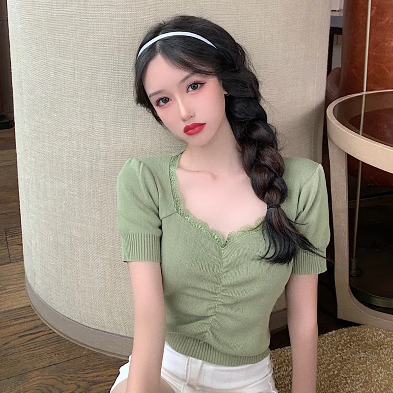 

Women Summer T-shirt Stitching Lace V-neck Tee Women Bubble Sleeve V-Neck Short Knitted T shirt Top A02