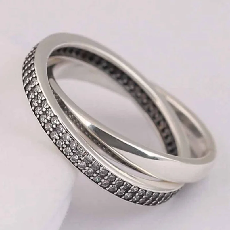 

Original 925 Sterling Silver Pan Shiny Silver Double Row With Crystal Interlaced Ring For Women Wedding Party Fashion Jewelry