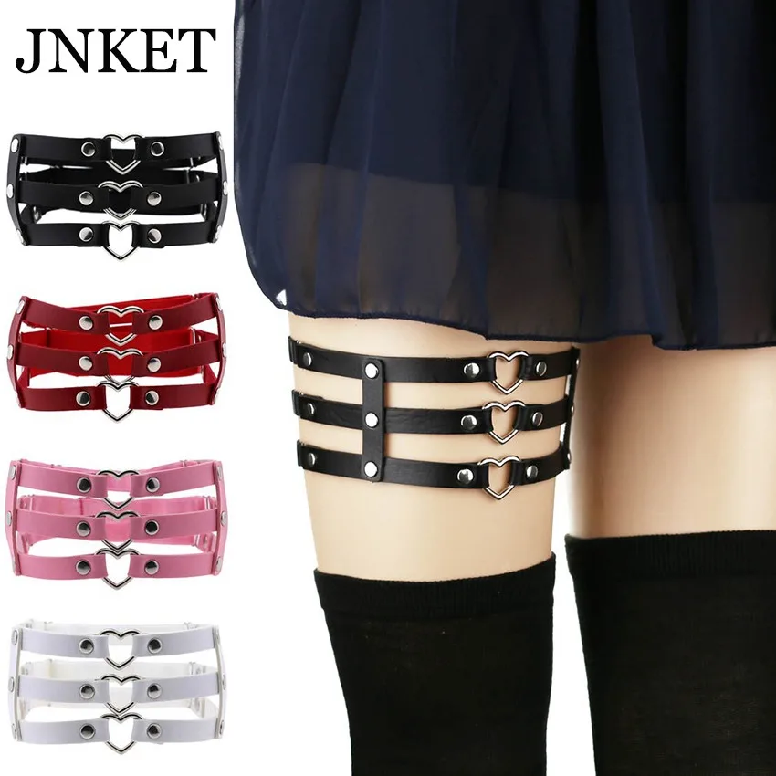 

JNKET New Punk Three Row Peach Heart Garter Belt Gothic PU Leather Leg Belt Women's Garters Strap Suspender Elastic Leg Ring