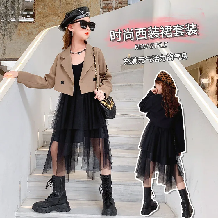 Короткие костюмы для девочек осень 2021 Новое Детское Сетчатое платье в западном