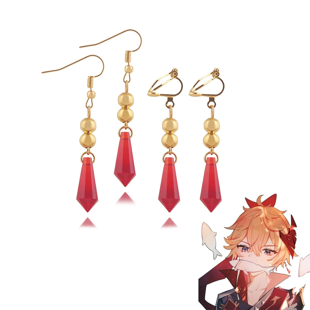 Игра Genshin воздействия Childe тарталья серьги Красный кристалл клипсы для женщин