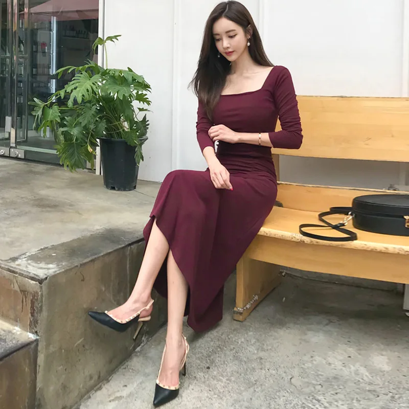 

Burgundy Women Summer Dress Long sleeve Square Neck Tea Length Fashion Lady DZA090