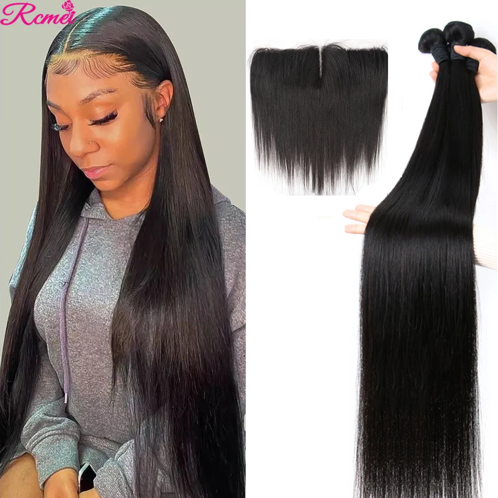 

40'' Brazilian Straight Bundle With Frontal Closure Remy Hair With Baby Hair Wet and Wavy 3 Bundles With 13x4 Frontal Closure