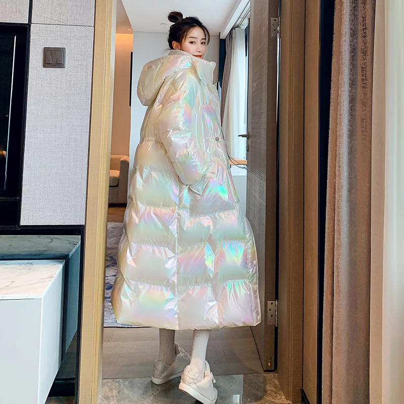 

Kpop Instagram зимние теплые парки для женщин модные шикарные глянцевые длинные секции выше колена красочные пуховые с хлопковой подкладкой женс...