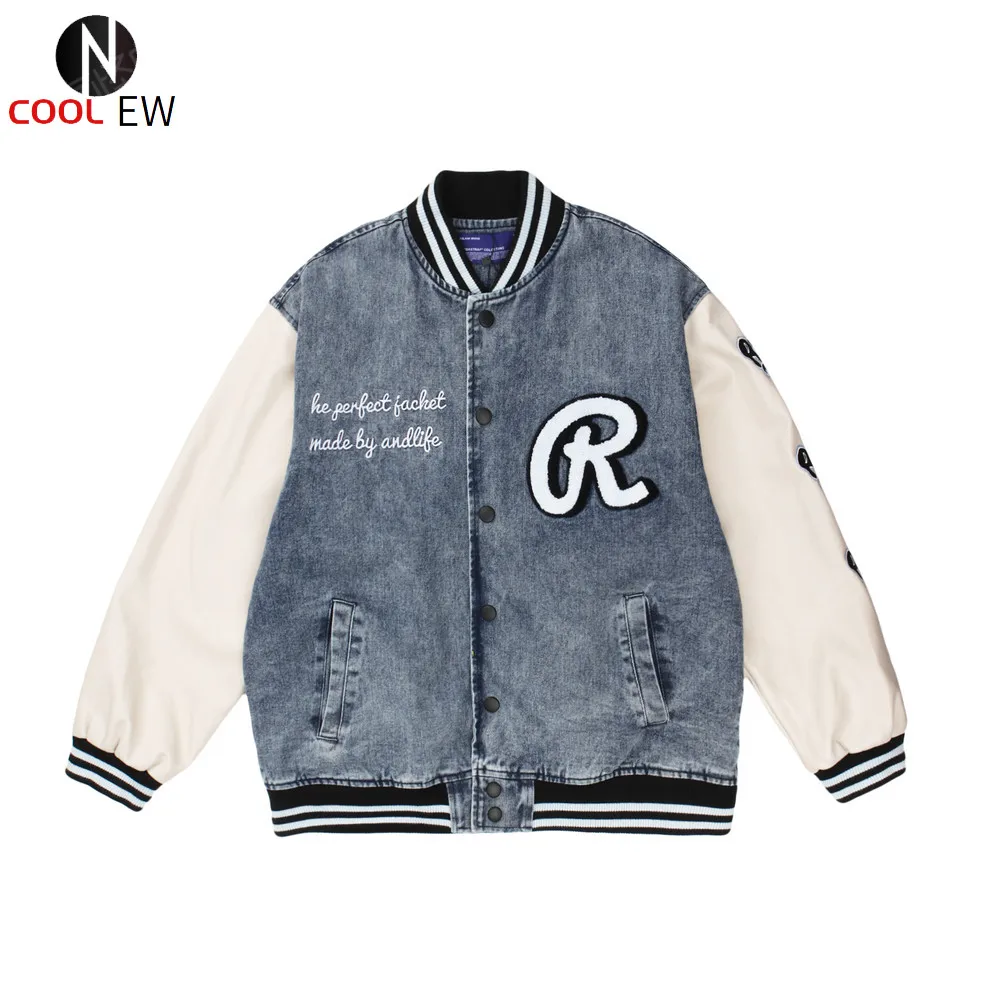 

Patchwork Sleeve PU Jacket Mens Autumn Contrast Paneled Denim Jacket Casual Loose Baseball Jacket Outerwear Men