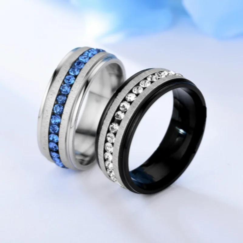 

2023Trend Diamond-Studded Black Single Row Blue Diamond Men's Ring Women's Ring Matching Rings For Couples Men Jewellery Gothic