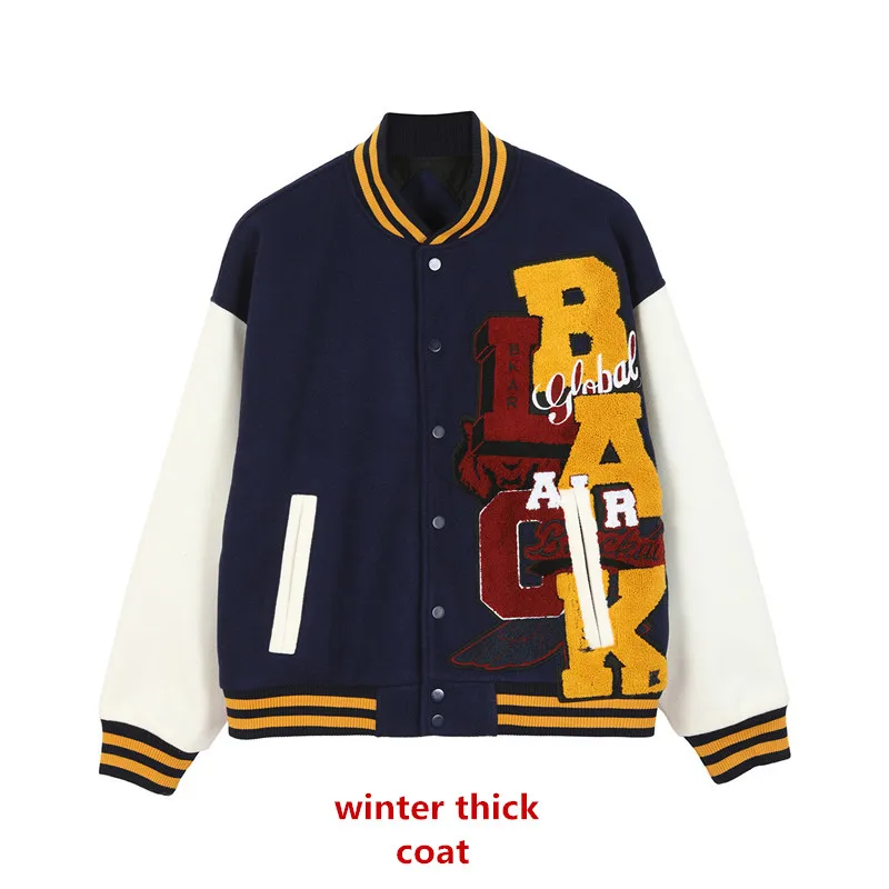 

Зимняя бейсбольная куртка, пальто для мужчин, толстая Студенческая большая вышитая надпись, Лоскутная Университетская хип-хоп Уличная винт...