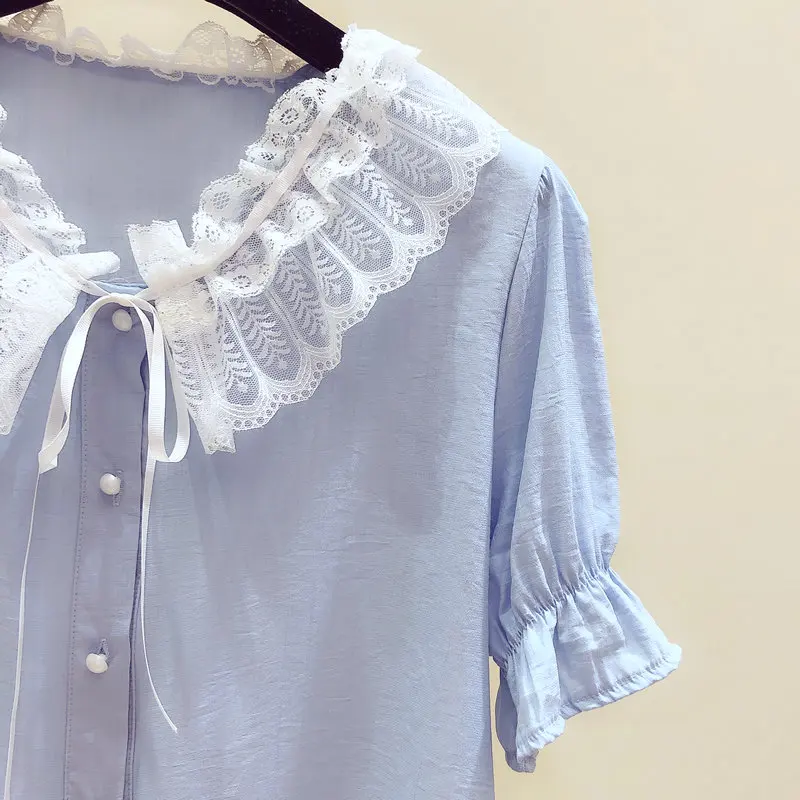 

Lace Chiffon Blouse Women Clothes Kawaii Summer White Shirt Womens Tops And Blouses Casual Short Sleeve Korean Fashion New 2021