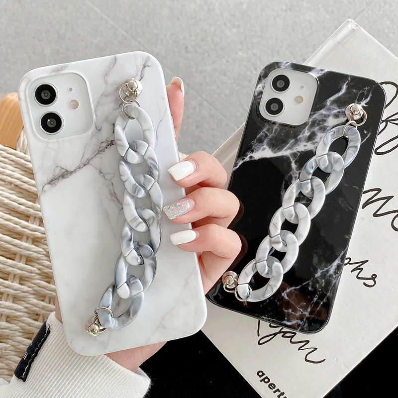

Marble Stone Texture Phone Case For iPhone 12 Pro Max 11 Pro Max X XR XS Max 7 8 Plus SE 2020 Soft IMD Wrist Strap Back Cover