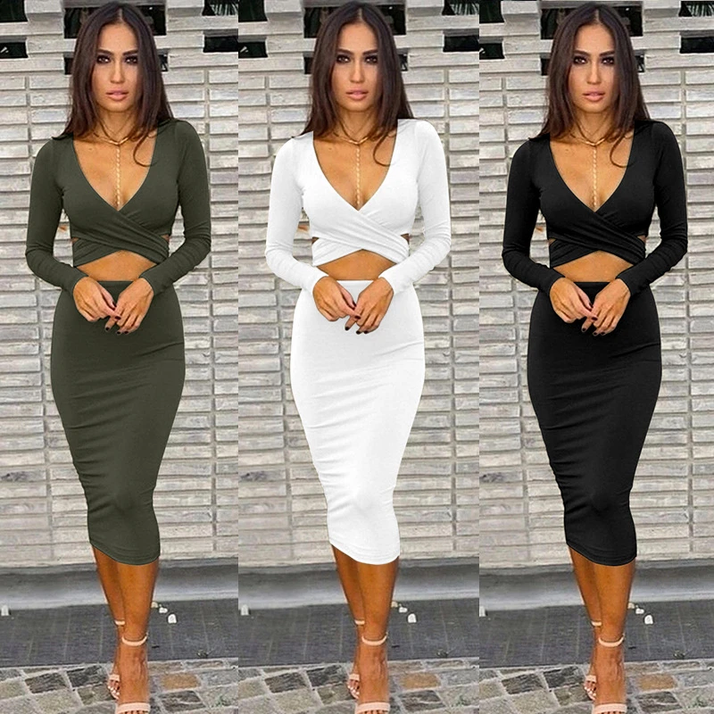 

Wantmove 2020 Women Sexy Two Piece Set Solid Color Long Sleeve V Neck Top And Tight Wrap Skirt AM949