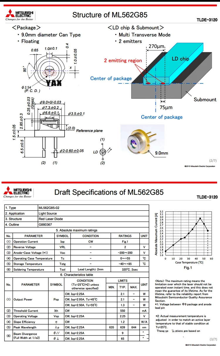 Лазерный диод высокой мощности LD Mitsubishi ML562G84 ~ 2 5 Вт ML562G85 1 TO5-9mm красный 638 нм |