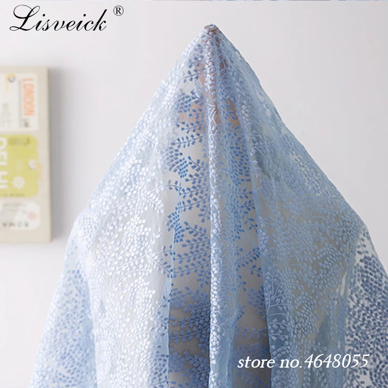 High-grade blue organza embroidery wheat net tulle lace fabric diy wedding dress skirt costume material home decoration 50x145cm | Дом и сад