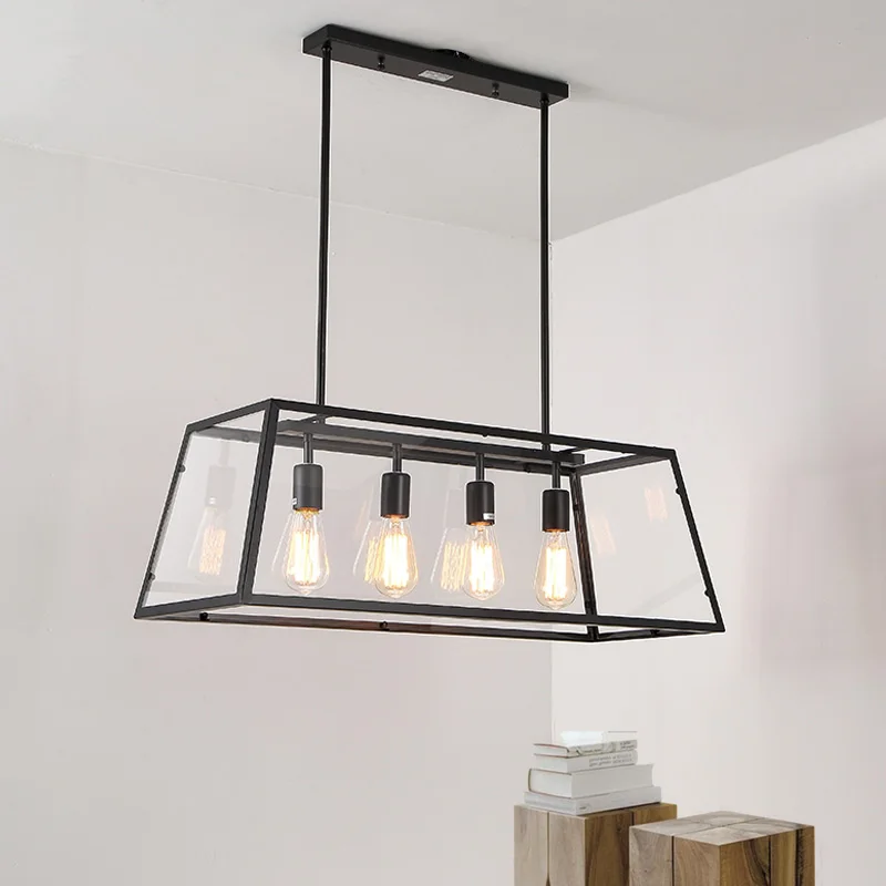 

American Iron Vintage E27 Industrial Creative Simple Black Chandelier Rectangular Acrylic Box Cafe Living Room Pendant Lamp