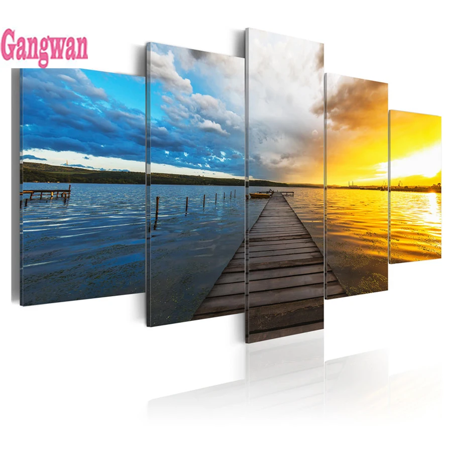 

5 шт. набор деревянная эстакада на морской воде красочное небо заката 5d алмазная картина diy Полная Алмазная вышивка мозаика украшение дома