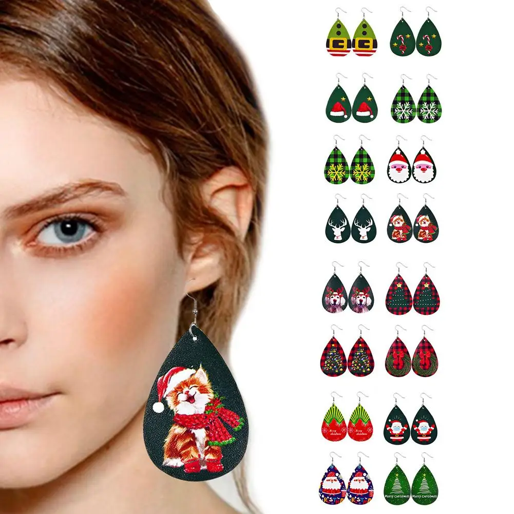 

4 Pairs Faux Leather Dangle Earrings Set Christmas Theme Jewelry For Women Christmas Holiday Party