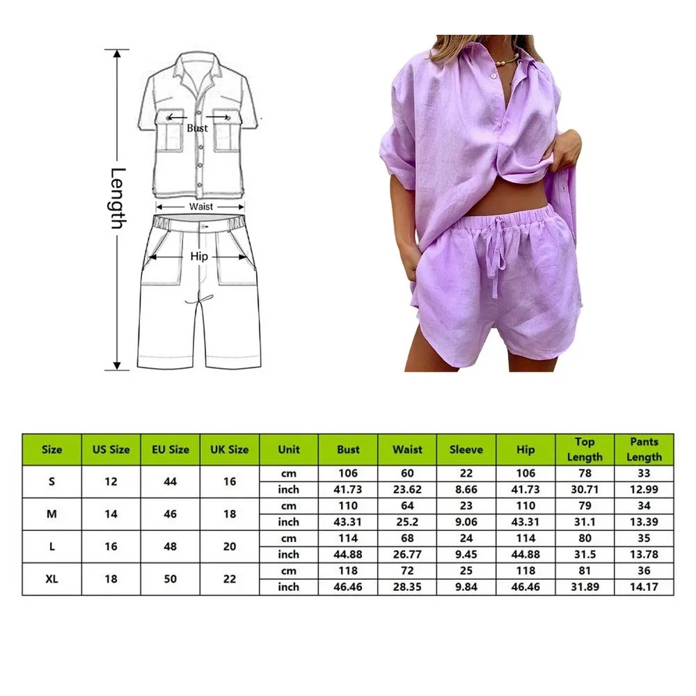 

Elegant Solid Women Two Piece Set Summer Short Sleeve Shirt Top + Drawstring Shorts Homewear Suit Summer Button Sexy Lady Outfit