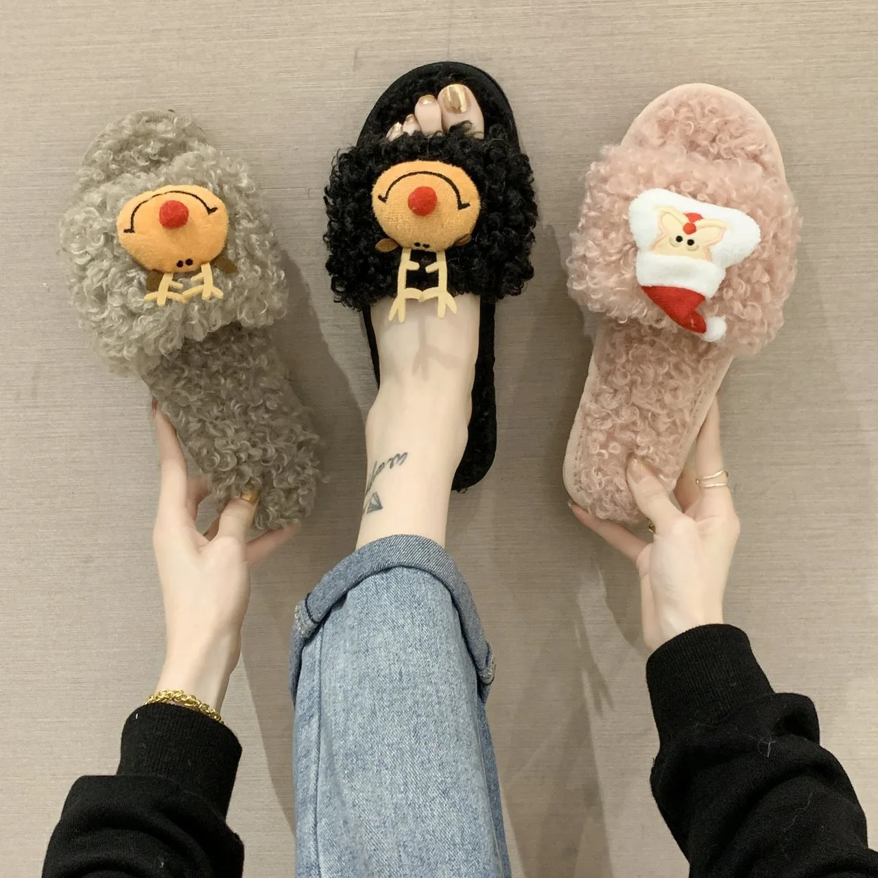 Little Elk Lamb Lady Slippers Christmas Hair Outer Wear Cotton Slippers Plush Slippers Female Home Cute Cartoon