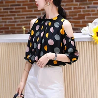 fat sister bare shoulders blouse womens summer korean fashion loose short lantern sleeves polka dot print chiffon shirt blouses