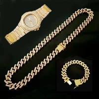 rapper hip hop cuban chain gold sliver color iced out watches paved rhinestone gold necklace for men women african jewelry mens