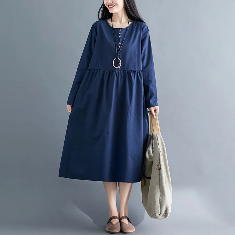 Женское платье из хлопка и льна Johnature свободное однотонное винтажное с длинным