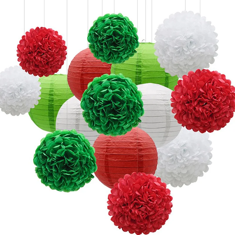 

White Green Red Paper Pom Poms Paper Honeycomb Ball Hanging Paper Lantern Wedding Birthday Decor DIY Baby Shows Party Supplies