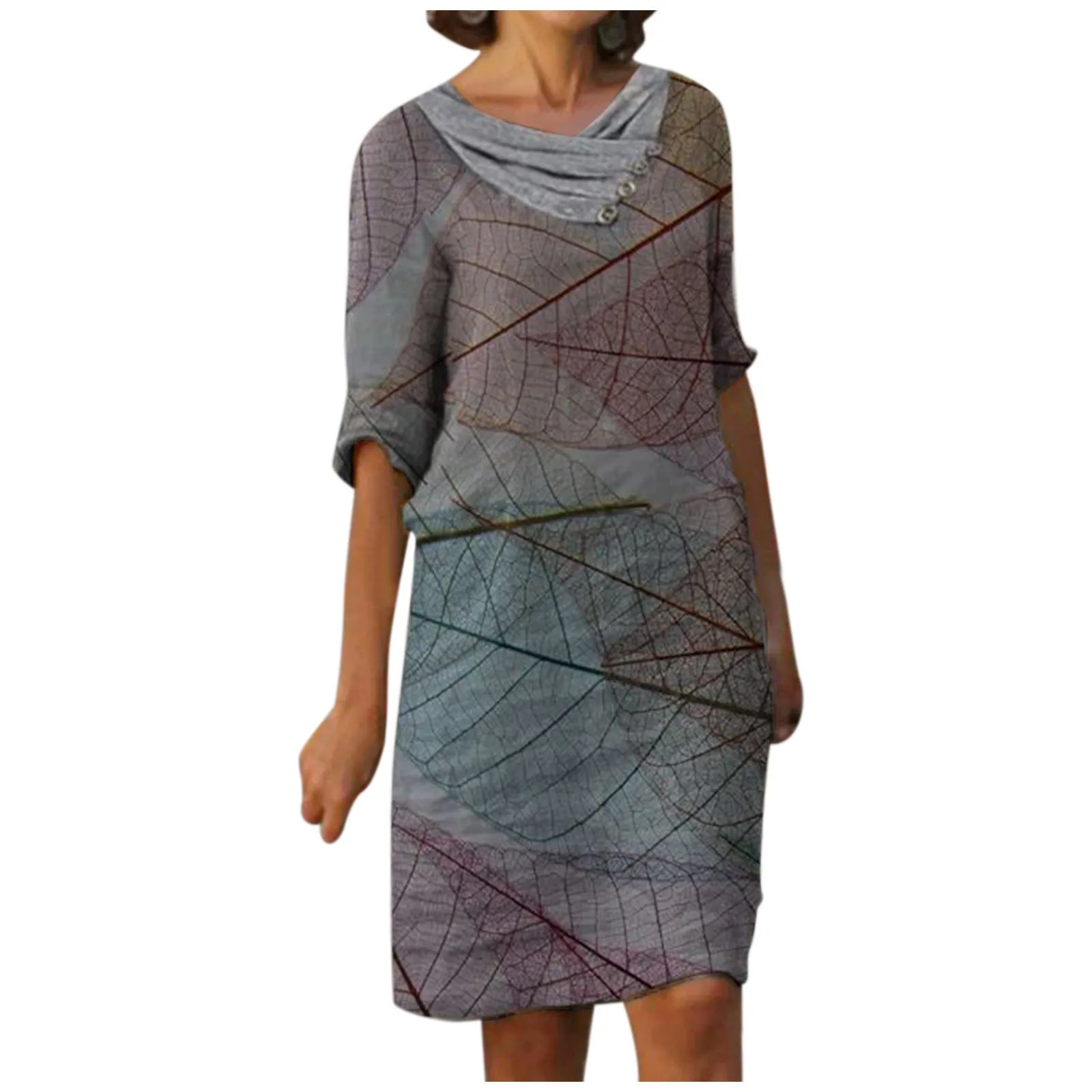 

40# Elegant Straight Dress Summer Dress Casual Tie-dyed V-neck Dress 2021 Beach Half Sleeve Knee Length Dress For Woman Robe