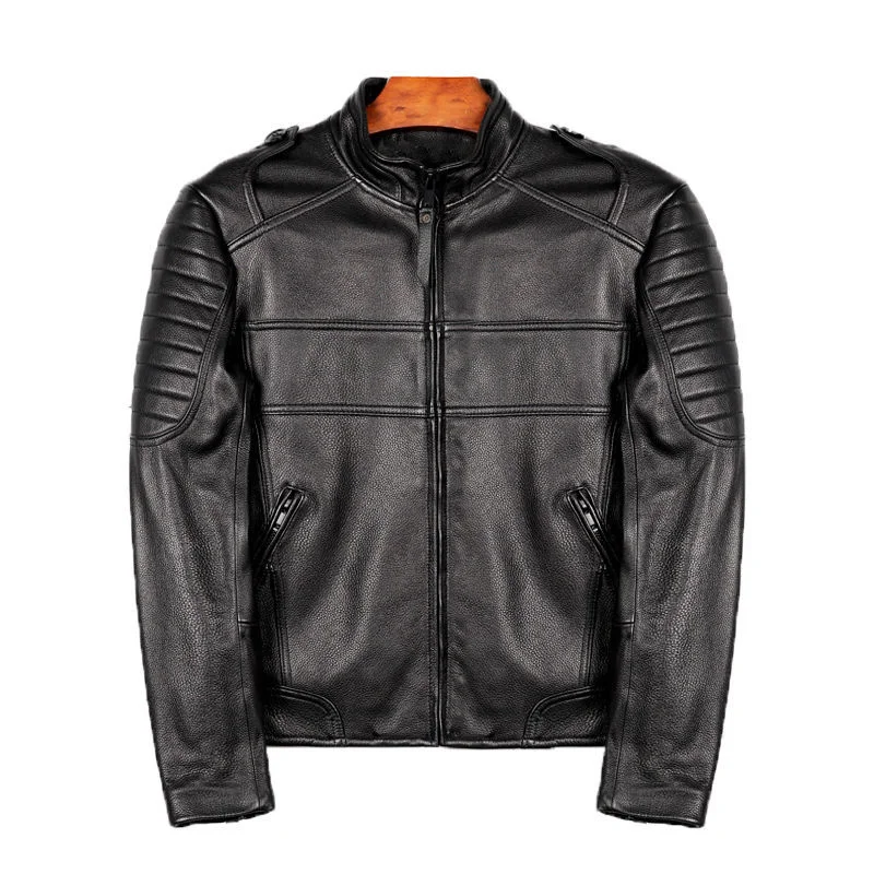 

2021 Black Genuine Leather Jacket Men Motorcycle Style Stand Collar Plus Size 3XL Real Natural Cowhide Slim Fit Biker Coat