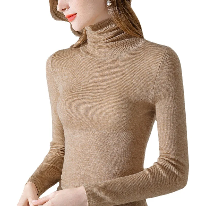 

Women Winter Fall Fashion Solid Color Simple Casual Turtleneck Slim Fit Knitted Sweater Office Lady Chic Woolen Bottom Pullovers
