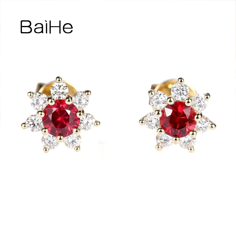 

BAIHE Solid 14K Yellow Gold Natural Ruby Diamond Flower Stud Earrings Women Engagement Fine Jewelry boucle d’oreille kolczyki