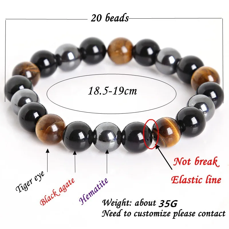 Браслет 10 мм из тигрового глаза гематита и черного обсидиана мужской браслет