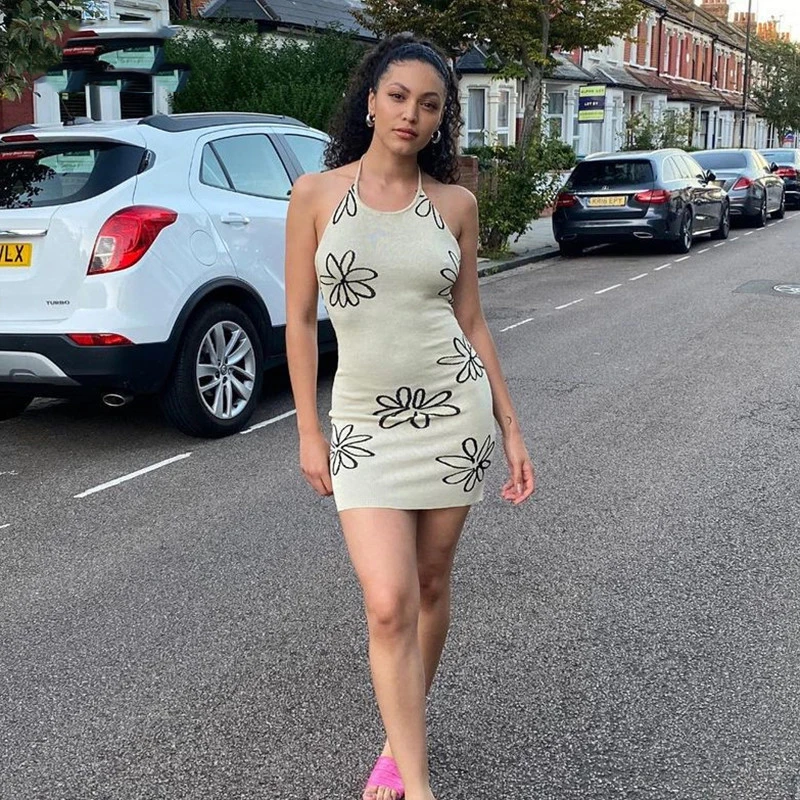 

2021 Summer Floral Printed Backless Knitted Bodycon Dress Women Halter Neck Y2K Sexy Sleeveless Beach Vintage Mini Dresses Party