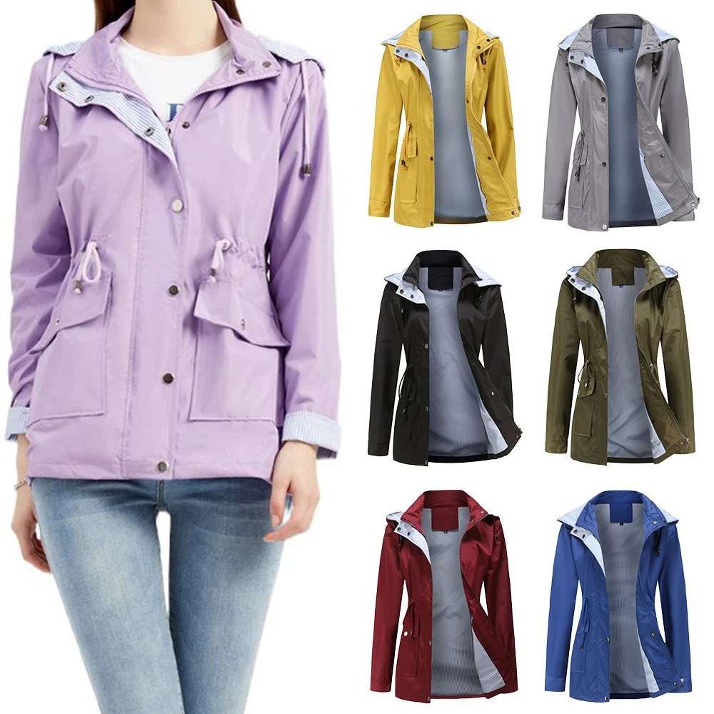 

Korean Vogue Detachable Hat Trench Coat For Women Zipper Hooded Drawstring Jackets Pockets Slim Fit High Waist Autumn Coats