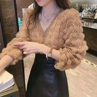 2022 spring sweet top women lace shirt v neck long sleeve top fashion elegant lady polka dot casual top vintage woman tshirts