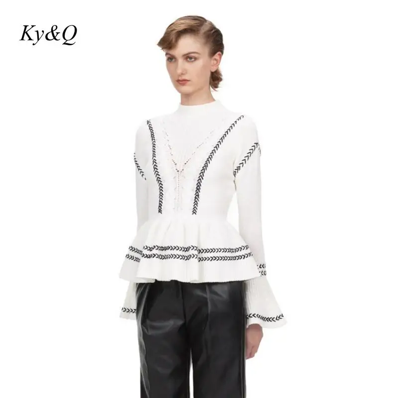 Runway Brand Designer 2019 Winter Striped Color Matching Ruffled Hem Sweater Women Flare Sleeve Luxury Christmas White Pullover | Женская