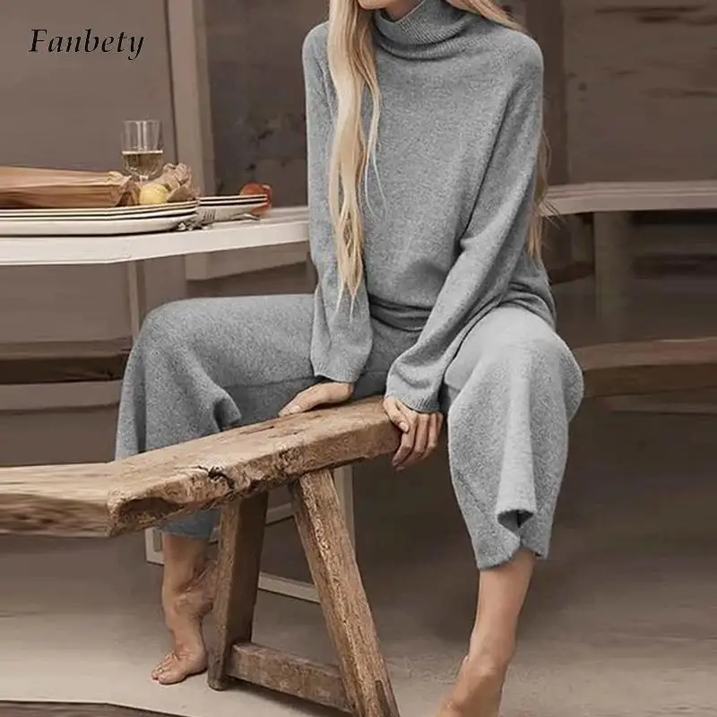 

Women Elegant Solid Casual Long Sleeve Loose Suit Autumn Winter Fashion Turtleneck Pullover Top+Wide Leg Pants Outfits Knit Suit