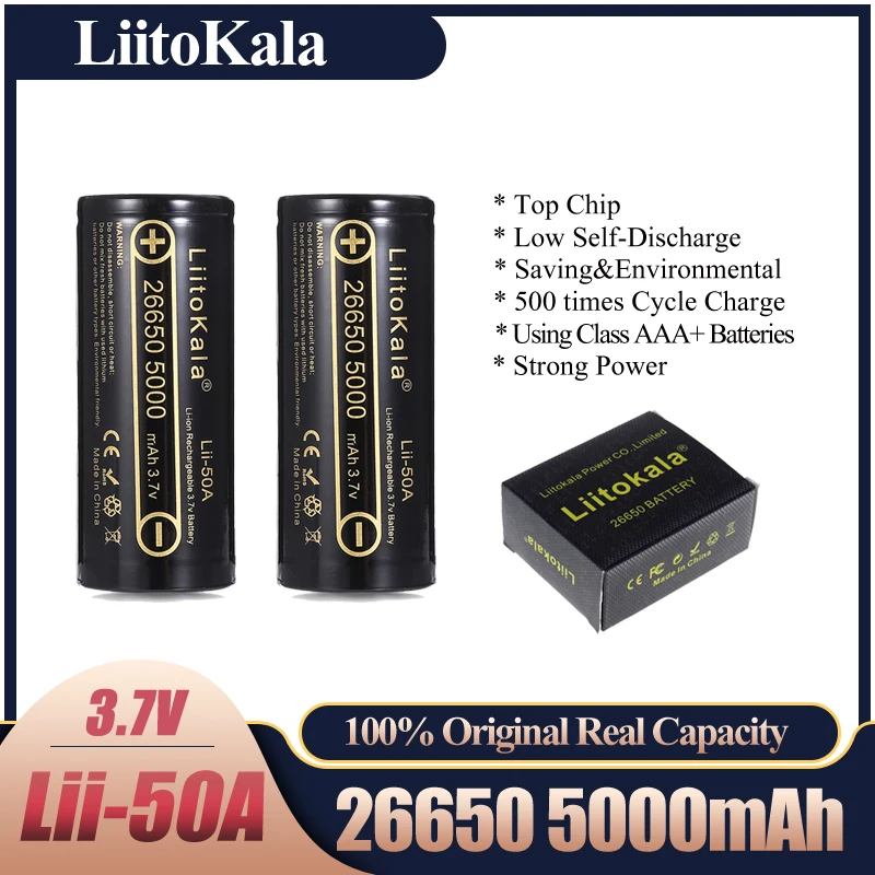 

LiitoKala Lii-50A 26650 5000mAh High Capacity 26650-50A Lithium Battery For Flashlight Power Bank Li-ion Rechargeable Batteries