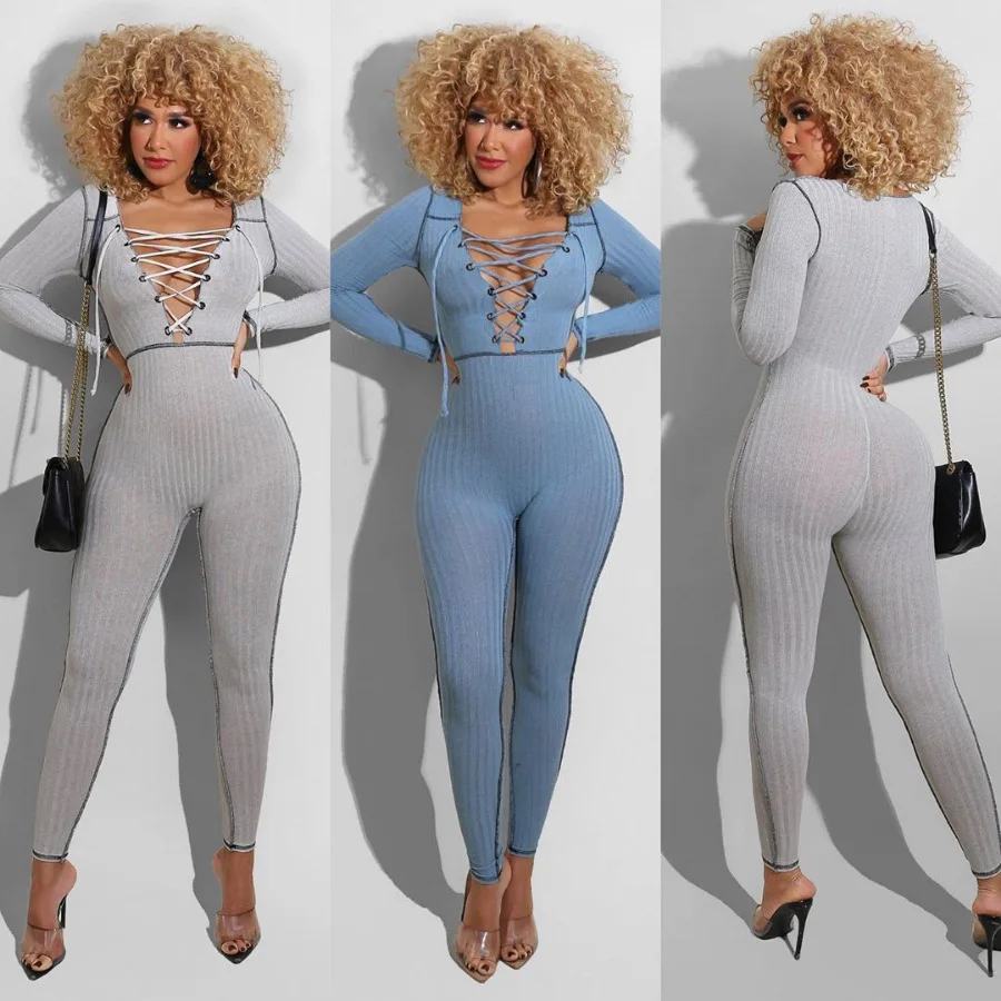 

Oluolin Women Sexy Jumpsuits Hollow Out Knitted Bodycon Jumpsuit Long Sleeve Skinny Rompers Sportwear Slim rompers Streetwear