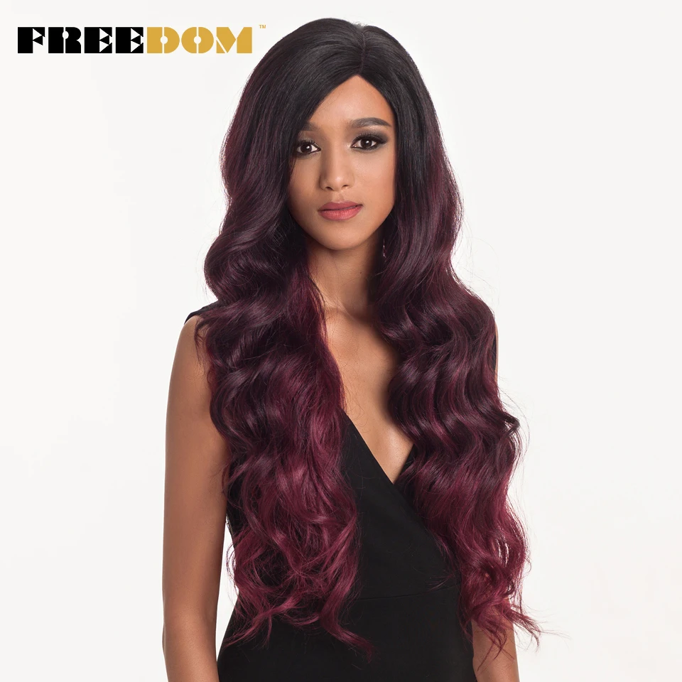 

FREEDOM Lace Wig 28 inch Long Natural Wavy Red ombre blonde Wig Synthetic Wigs For Black Women Heat Resistant