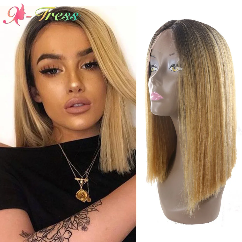 Middle Part Lace Wig Ombre Brown Blonde Synthetic Bob Wigs for Women X-TRESS Shoulder Length Yaki Straight Blunt Cut Lace Wig