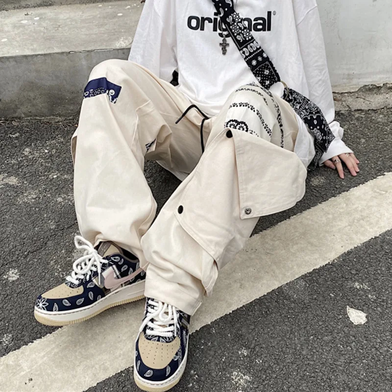 

High Street Hip Hop Removable Patch Paisley Overalls Casual Trousers