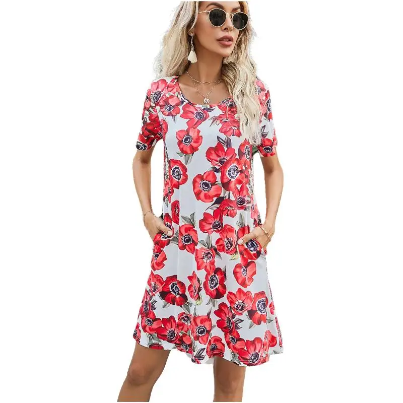 

Women Summer Rose Flower Print Pocket Short Sleeve O-Neck Dresses Casual Party Elegant Dresses Fashion Beach Sundress Vestidos