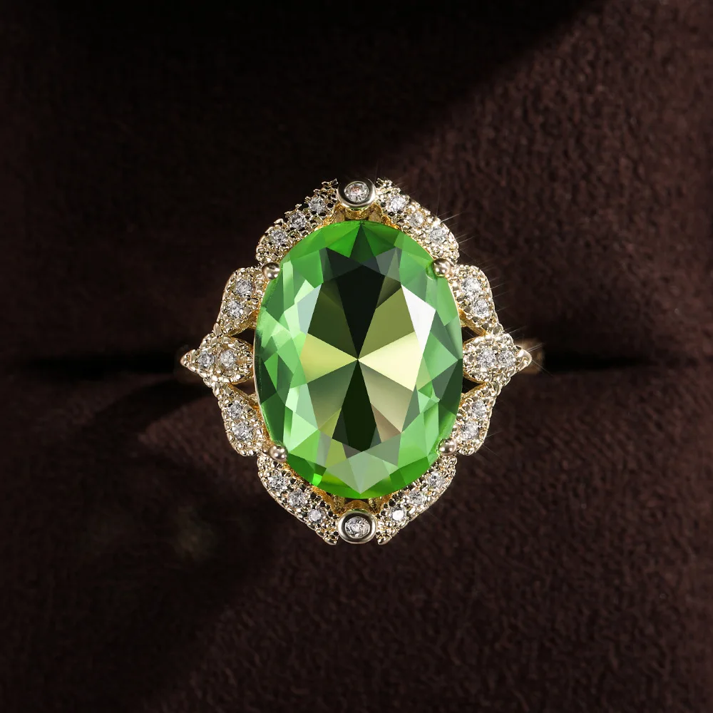 

Vintage Female Green Crystal Stone Ring Charm Gold Color Big Wedding Rings For Women Luxury Bride Oval Zircon Engagement Ring