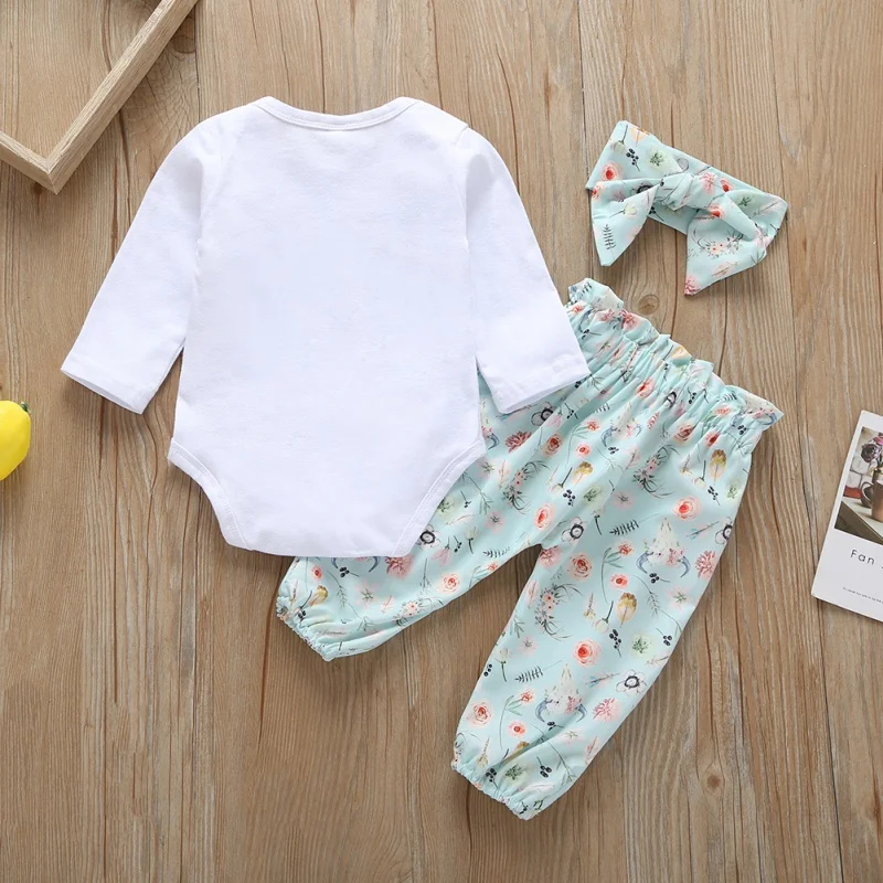 

Spring Autumn Casual Fashion Baby Girl Letter Printing Bodysuit And Trousers And Headband Kids Three-piece Outfit Set