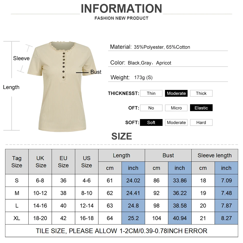 

Summer Short Sleeve O Neck Knitted Tshirt Women Lace Stitching Tops T-shirt Button Slim Solid T Shirt Ladies Daily Tee shirt D30