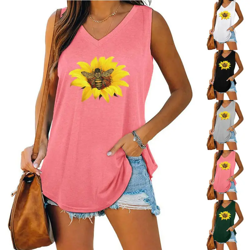 

cofekate Women Loose Casual Camis V-Neck Sleeveless Tank Tops Summer Baggy Sunflower Printed Camisole Vest T-Shirt Tee sexy