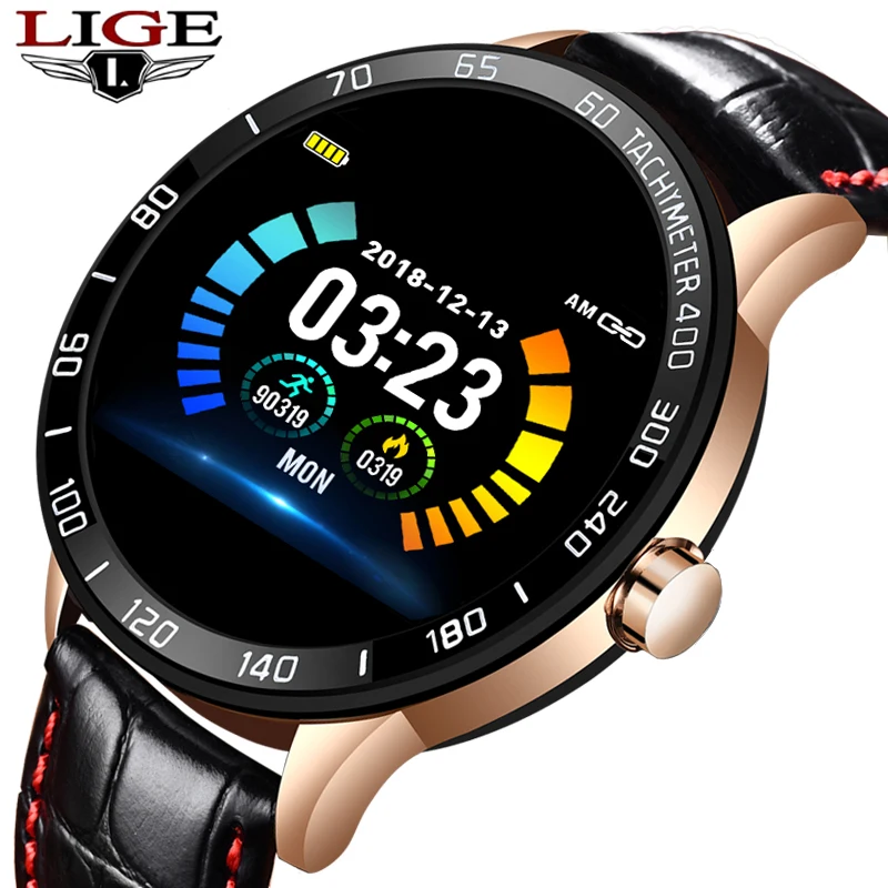 LIGE новые кожаные Смарт часы для мужчин фитнес IP67 водонепроницаемый монитор