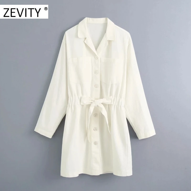 

Женское платье с бантом на завязках ZEVITY, офисное однобортное мини-платье, модель DS4228, накладной карман