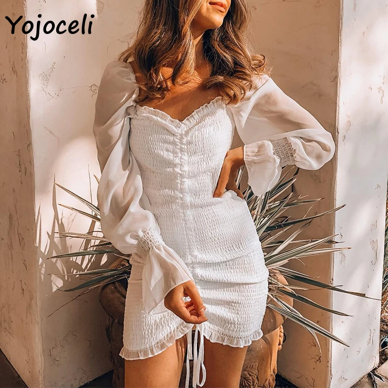 Yojoceli, сексуальное платье с цветочным принтом, гофрированное, женское, квадратный вырез, длинный рукав, тонкое, мини платье, шифоновое платье