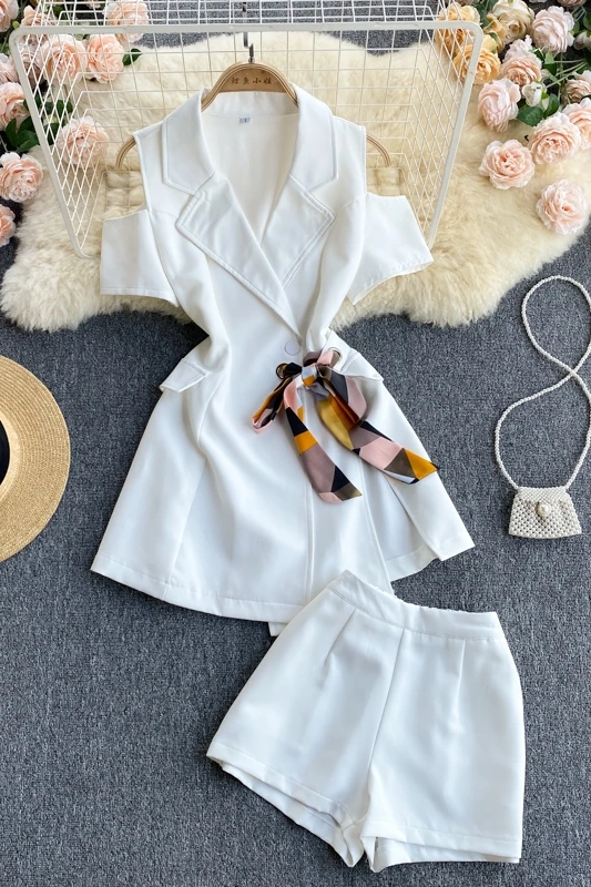 

Professional suit women's summer dress new suit collar design sense tie jacket all-match bottoming shorts two-piece suit